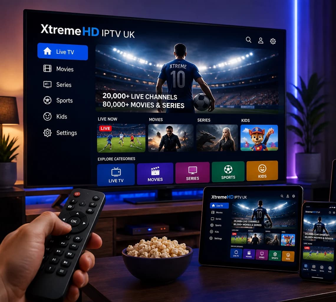 Xtreme HD IPTV UK streaming interface shown on a TV, tablet, laptop, and phone in a living room